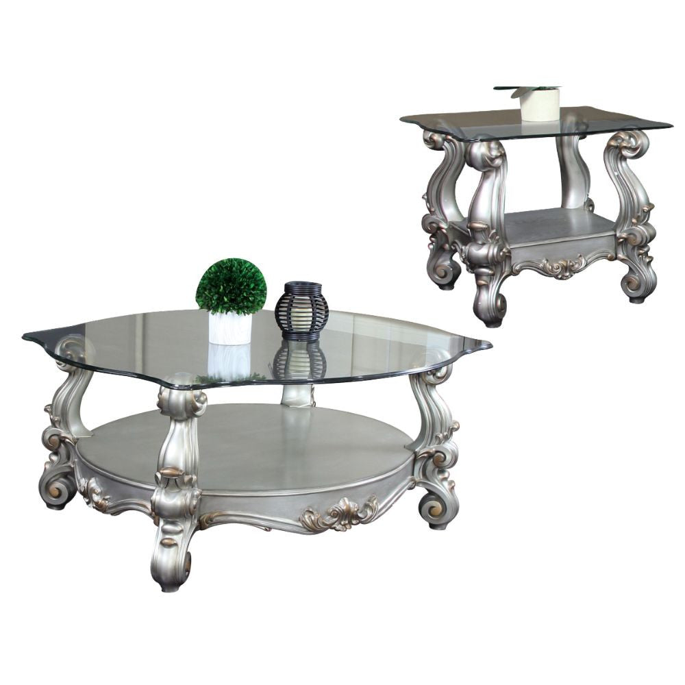 ACME 86845 Versailles Coffee Table, Antique Platinum & Clear Glass (1Set/2Ctn)