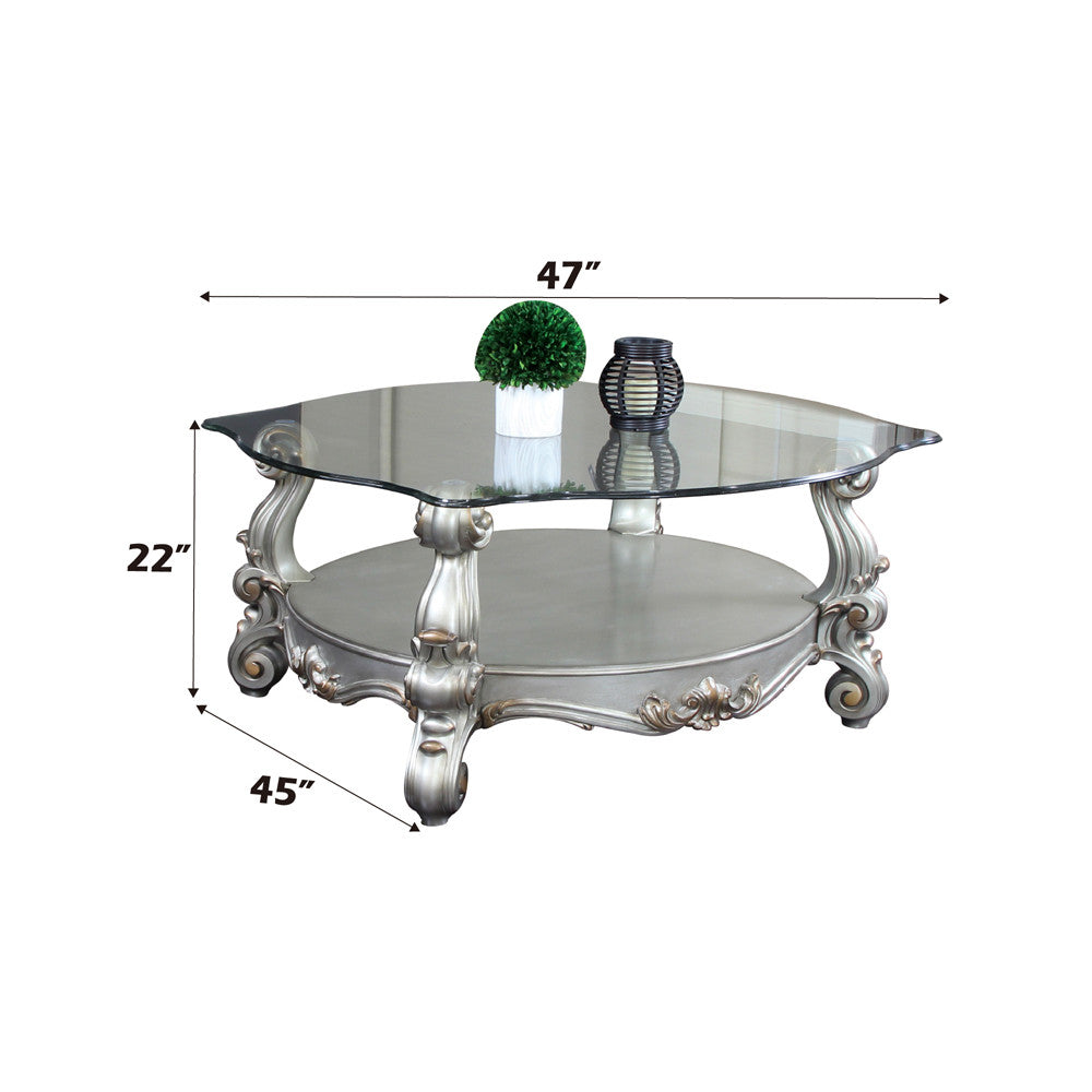 ACME 86845 Versailles Coffee Table, Antique Platinum & Clear Glass (1Set/2Ctn)