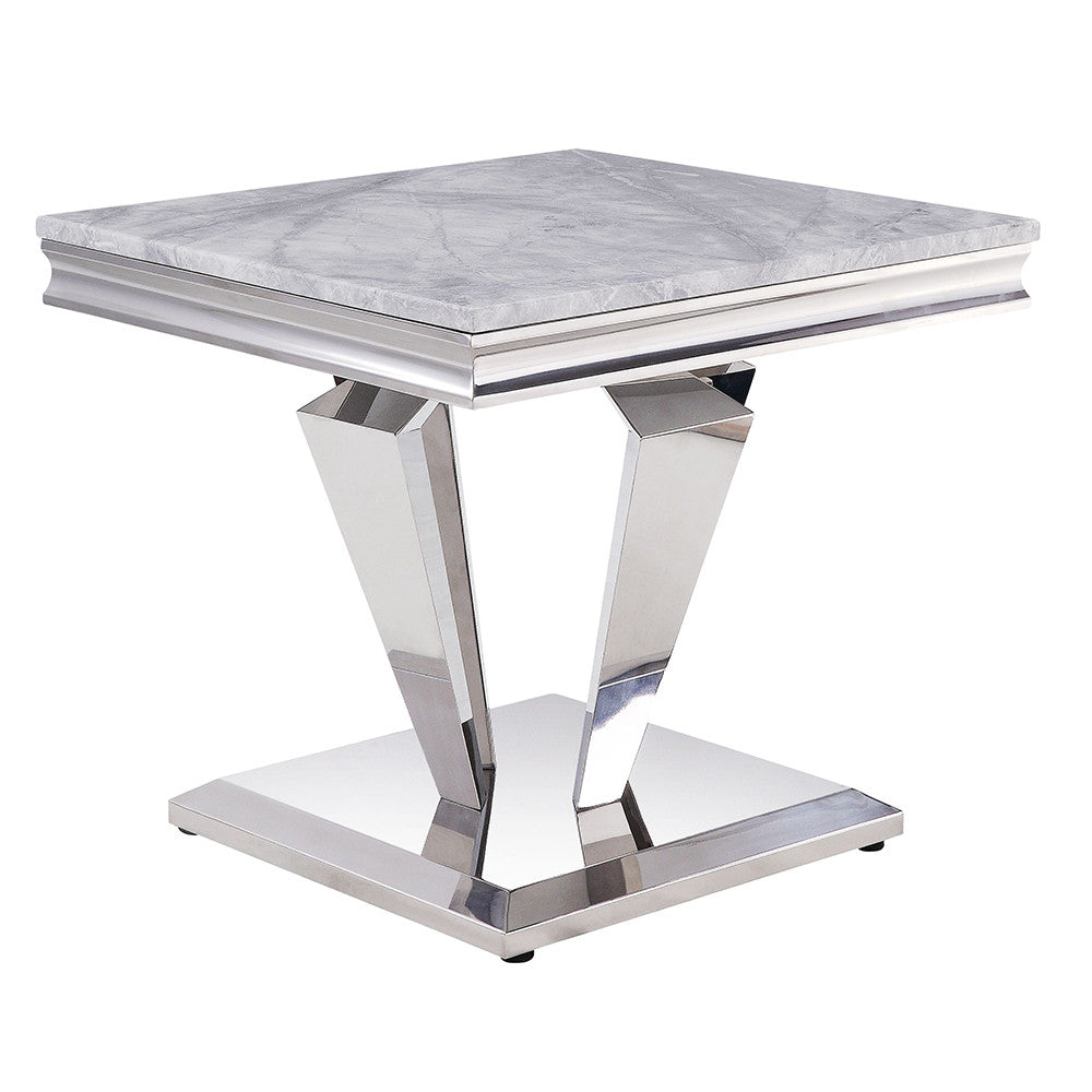 ACME 87219 Satinka End Table, Light Gray Printed Faux Marble & Mirrored Silver Finish