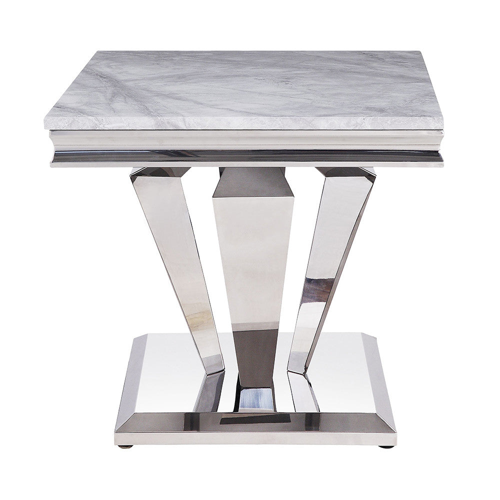 ACME 87219 Satinka End Table, Light Gray Printed Faux Marble & Mirrored Silver Finish