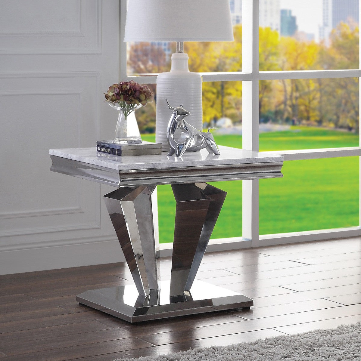 ACME 87219 Satinka End Table, Light Gray Printed Faux Marble & Mirrored Silver Finish