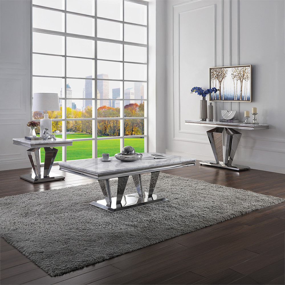 ACME 87219 Satinka End Table, Light Gray Printed Faux Marble & Mirrored Silver Finish