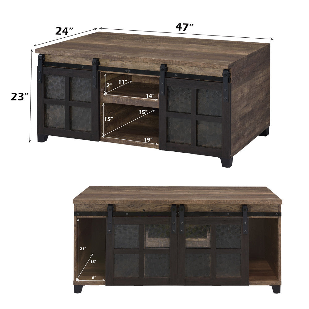 ACME 87955 Nineel Coffee Table, Obscure Glass, Rustic Oak & Black Finish
