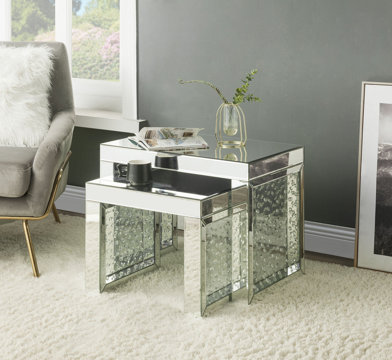 ACME 88066 Nysa Accent Table, Mirrored & Faux Crystals Inlay
