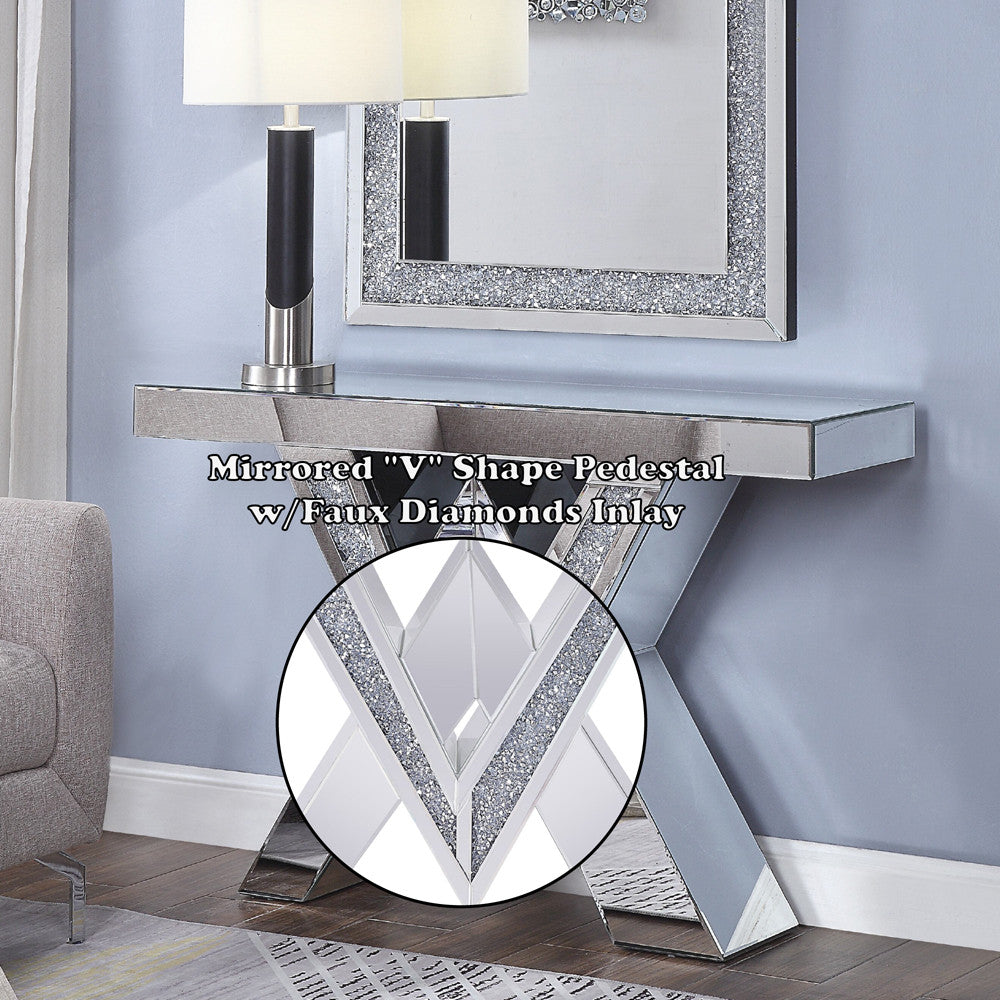 ACME 90444 Noralie Console Table, Mirrored & Faux Diamonds (1Set/2Ctn)