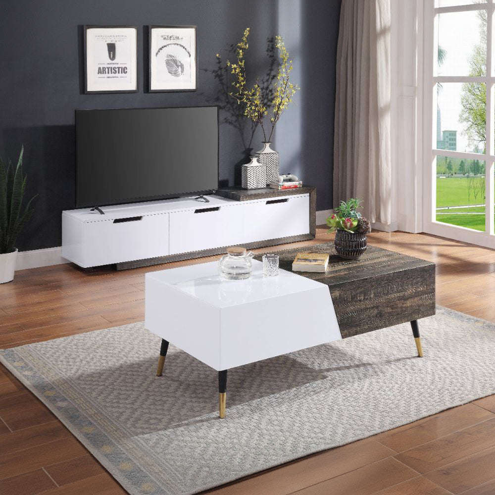 ACME 91680 Orion TV Stand, White High Gloss & Rustic Oak
