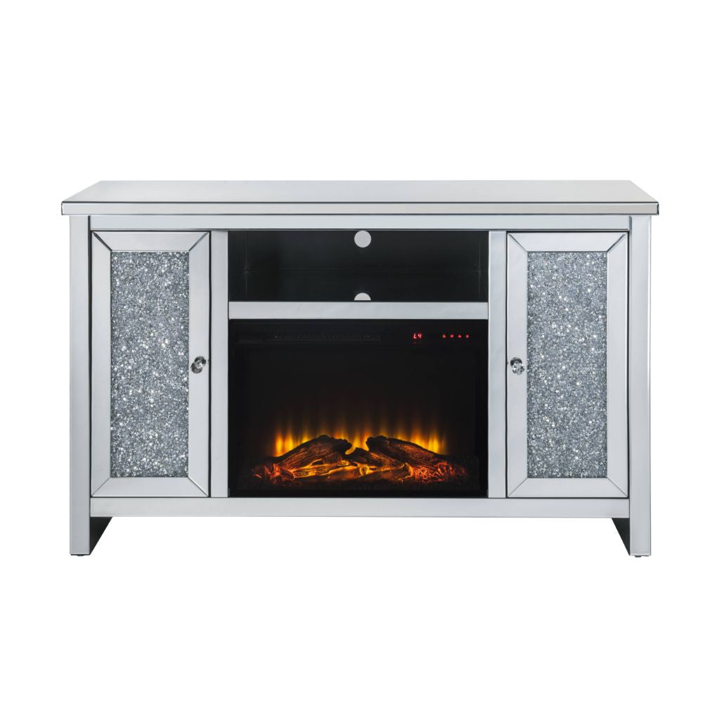 ACME 91775 Noralie TV Stand with Fireplace, Mirrored & Faux Diamonds