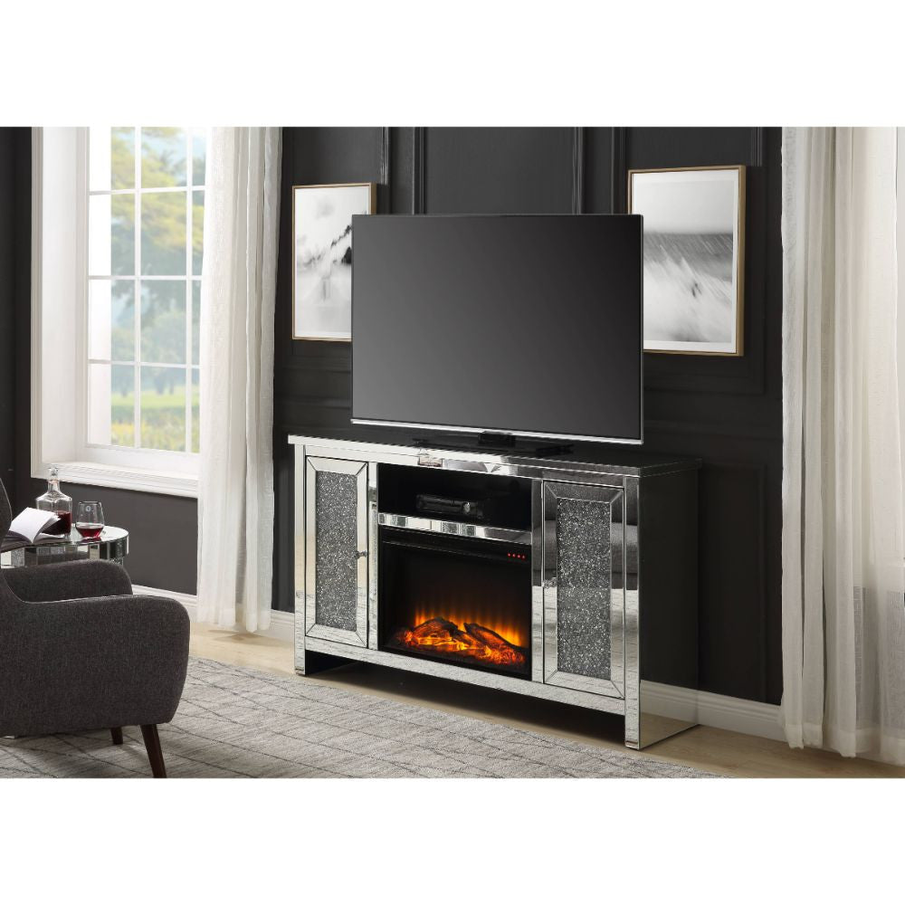 ACME 91775 Noralie TV Stand with Fireplace, Mirrored & Faux Diamonds