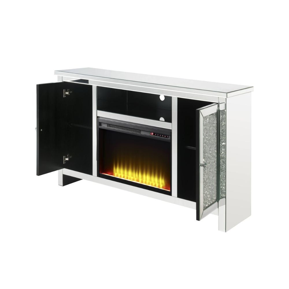 ACME 91775 Noralie TV Stand with Fireplace, Mirrored & Faux Diamonds