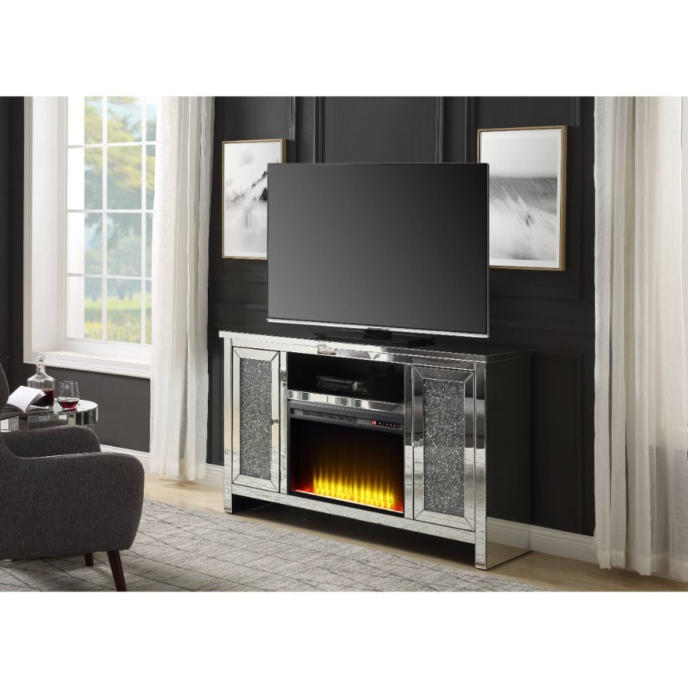 ACME 91775 Noralie TV Stand with Fireplace, Mirrored & Faux Diamonds