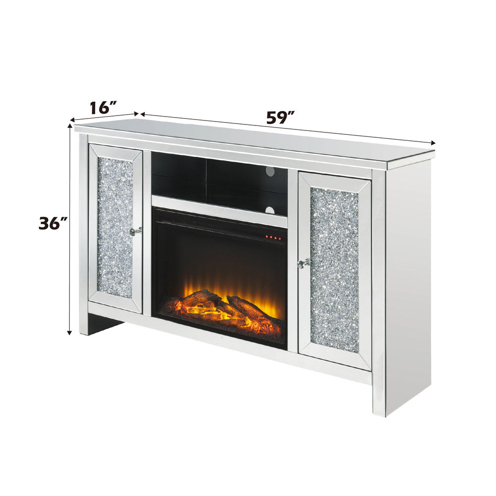 ACME 91775 Noralie TV Stand with Fireplace, Mirrored & Faux Diamonds