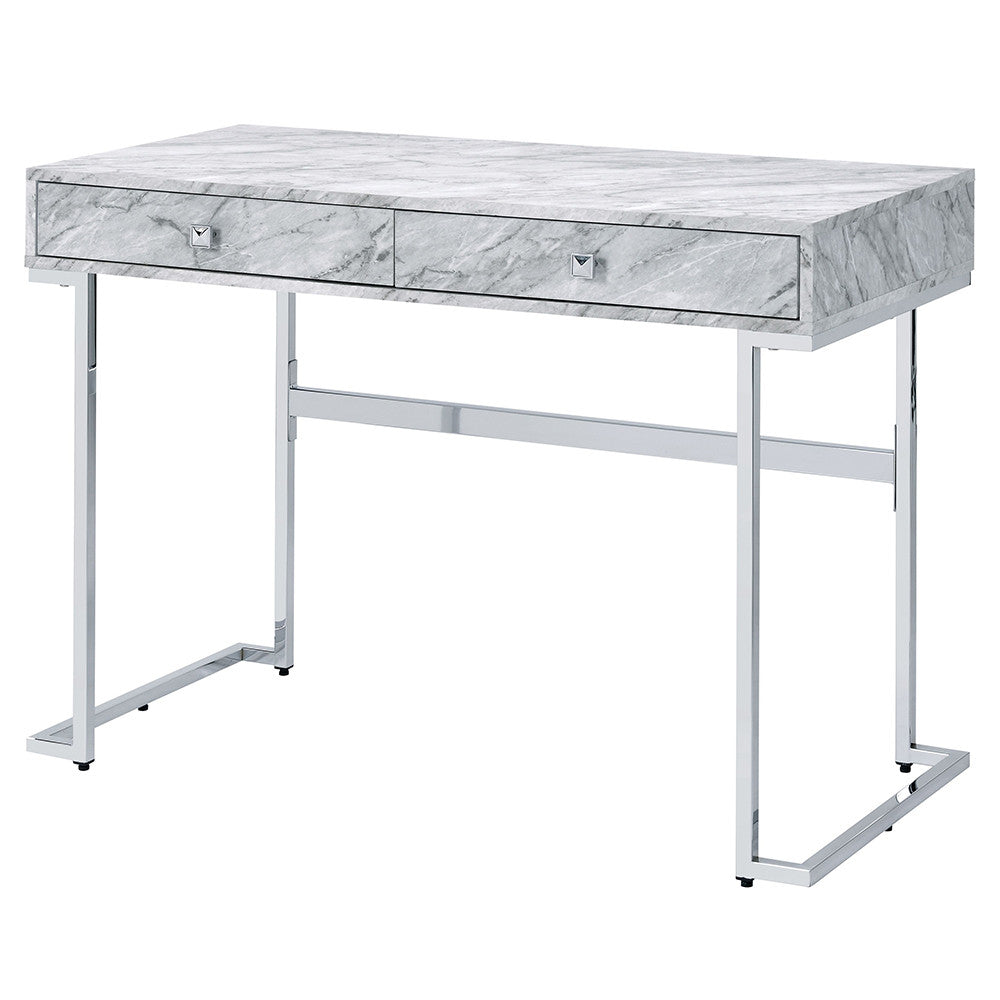 ACME 92615 Tigress Writing Desk, White Printed Faux Marble & Chrome Finish