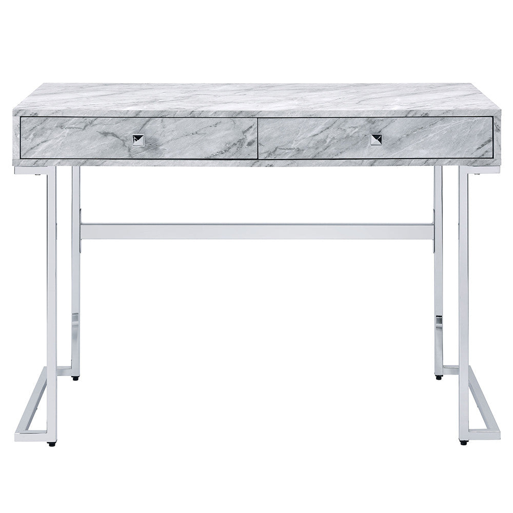 ACME 92615 Tigress Writing Desk, White Printed Faux Marble & Chrome Finish