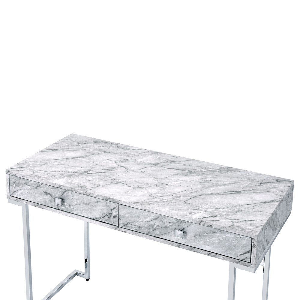 ACME 92615 Tigress Writing Desk, White Printed Faux Marble & Chrome Finish