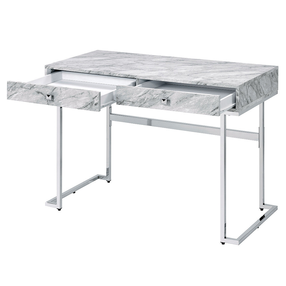 ACME 92615 Tigress Writing Desk, White Printed Faux Marble & Chrome Finish