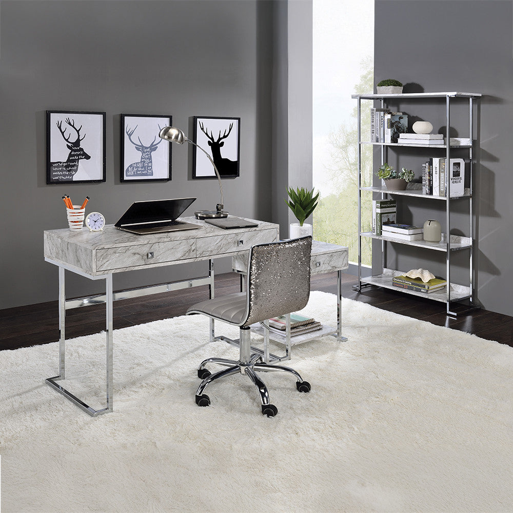 ACME 92615 Tigress Writing Desk, White Printed Faux Marble & Chrome Finish