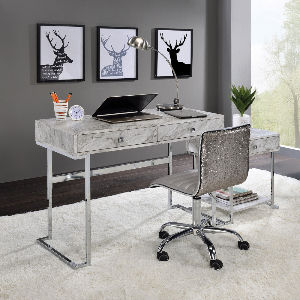 ACME 92615 Tigress Writing Desk, White Printed Faux Marble & Chrome Finish