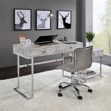 ACME 92615 Tigress Writing Desk, White Printed Faux Marble & Chrome Finish