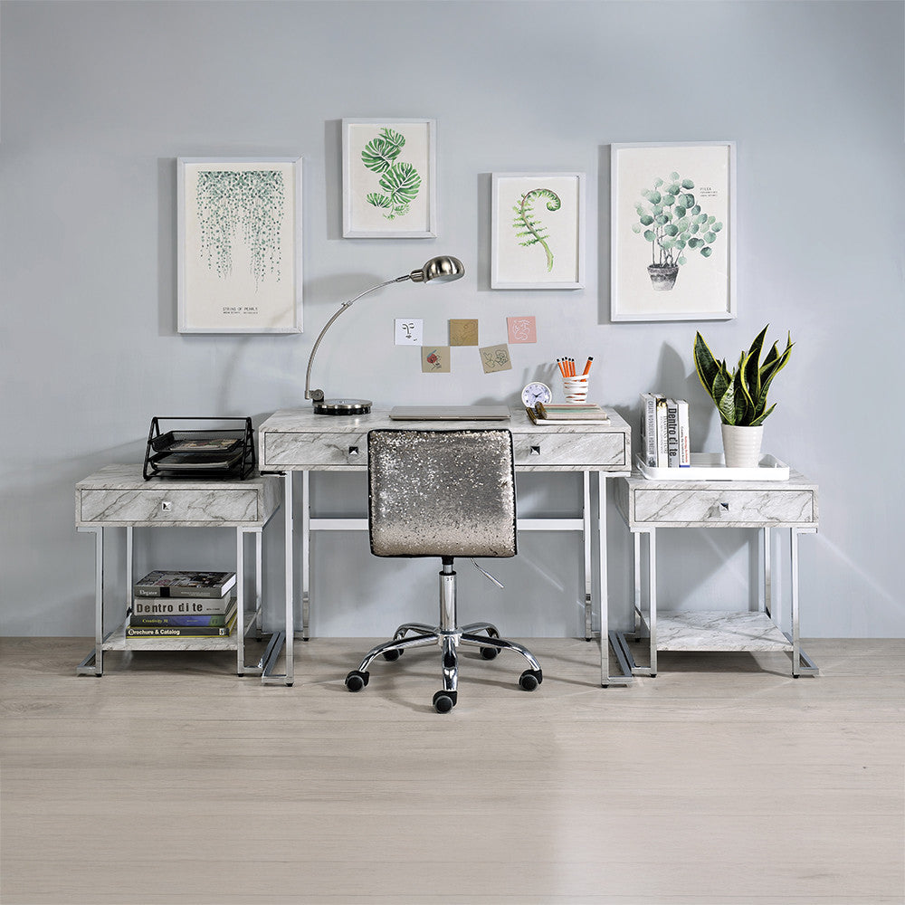 ACME 92615 Tigress Writing Desk, White Printed Faux Marble & Chrome Finish