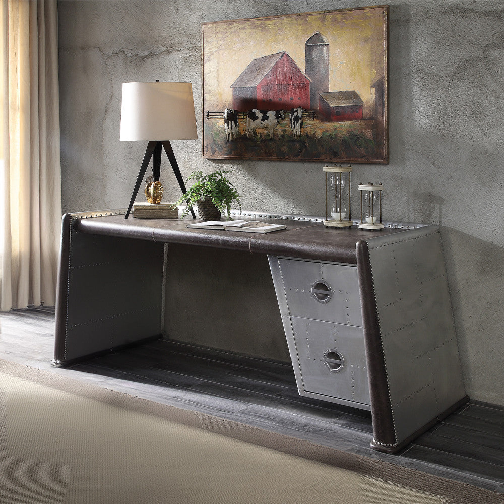 ACME 92855 Brancaster Desk, Distress Chocolate Top Grain Leather & Aluminum