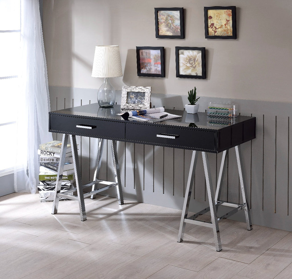 ACME 93045 Coleen Built-in USB Port Writing Desk, Black High Gloss & Chrome Finish