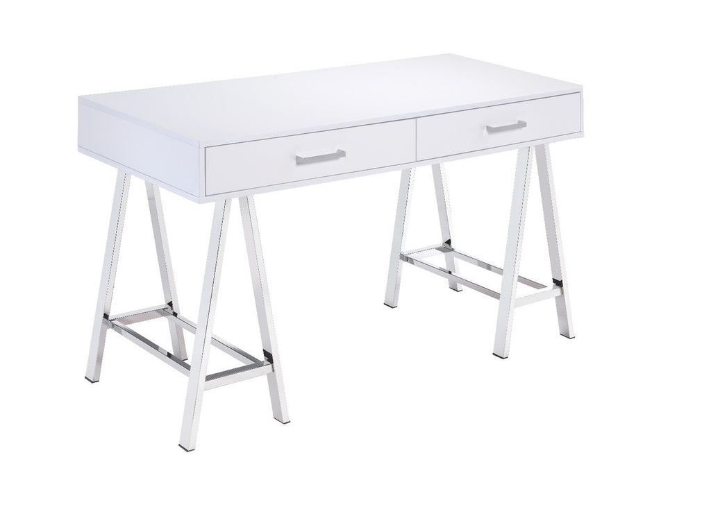 ACME 93047 Coleen Built-in USB Port Writing Desk, White High Gloss & Chrome Finish