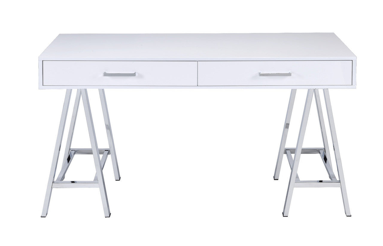 ACME 93047 Coleen Built-in USB Port Writing Desk, White High Gloss & Chrome Finish