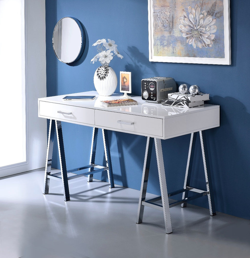 ACME 93047 Coleen Built-in USB Port Writing Desk, White High Gloss & Chrome Finish