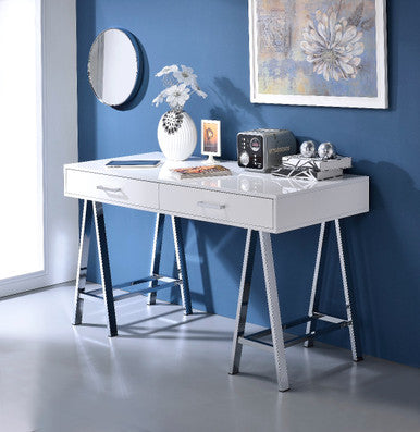ACME 93047 Coleen Built-in USB Port Writing Desk, White High Gloss & Chrome Finish