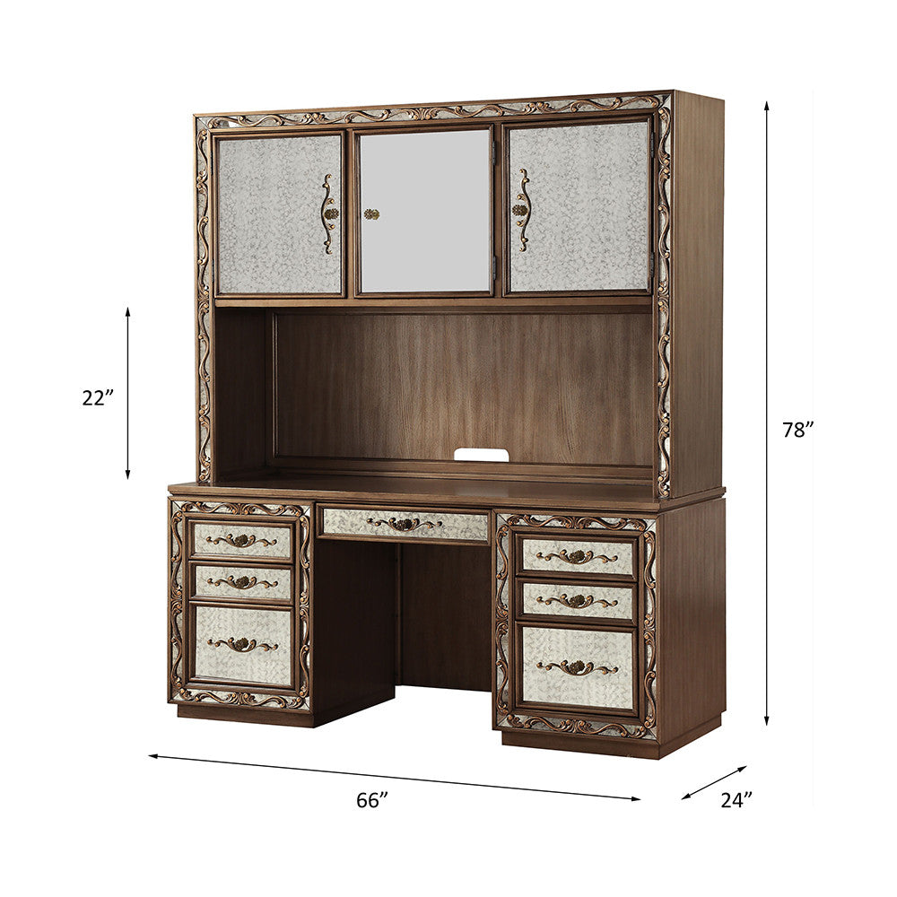 ACME 93790 Orianne Computer Desk & Hutch, Antique Gold (1Set/2Ctn)