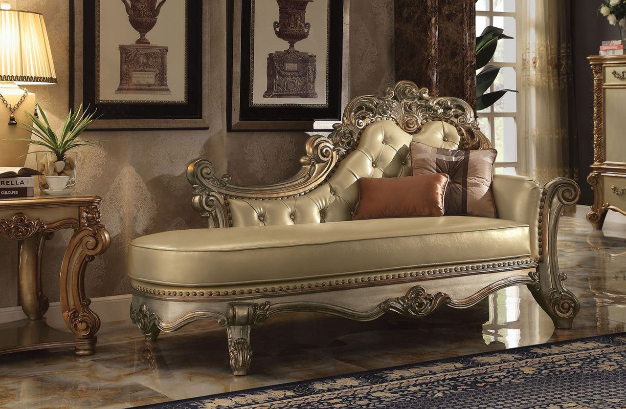 ACME 96485 Vendome Chaise with 2 Pillows, Bone PU & Gold Patina