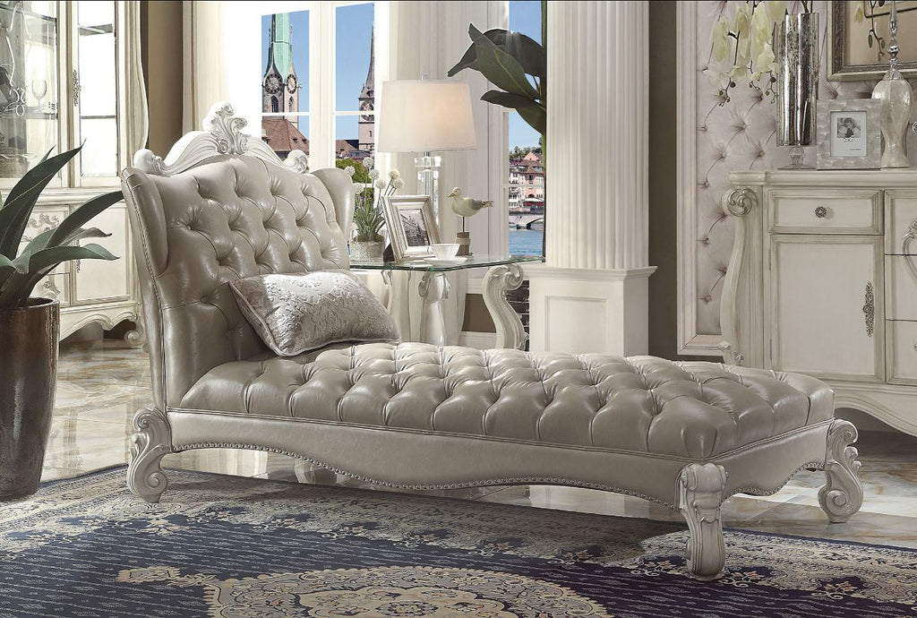 ACME 96542 Versailles Chaise with 1 Pillow, Vintage Gray PU & Bone White