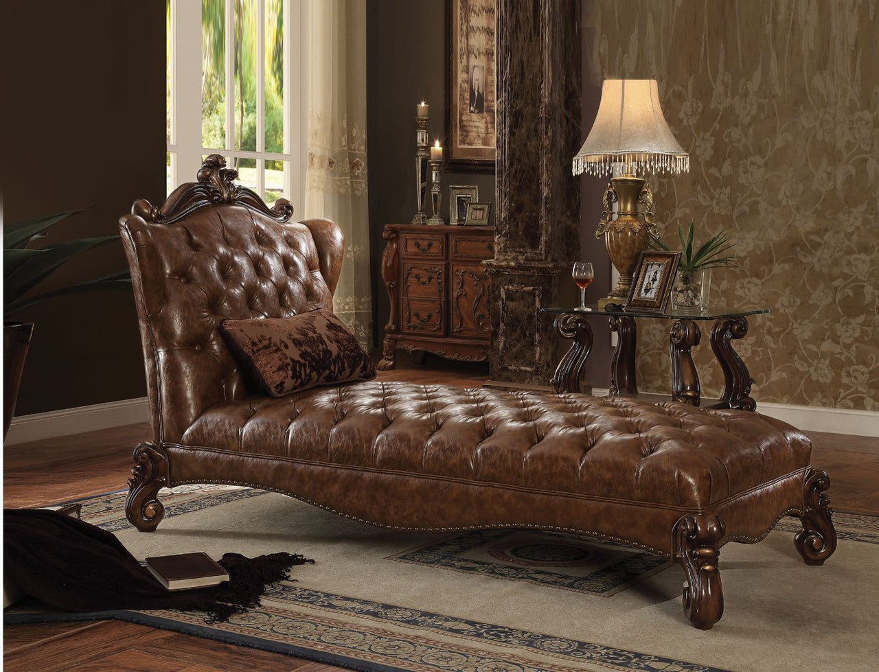 ACME 96544 Versailles Chaise with 1 Pillow, 2-Tone Light Brown PU & Cherry Oak