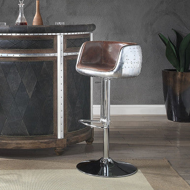 ACME 96555 Brancaster Adjustable Stool with Swivel (1 Piece), Vintage Brown Top Grain Leather & Aluminum, 24"~34" Seat Height