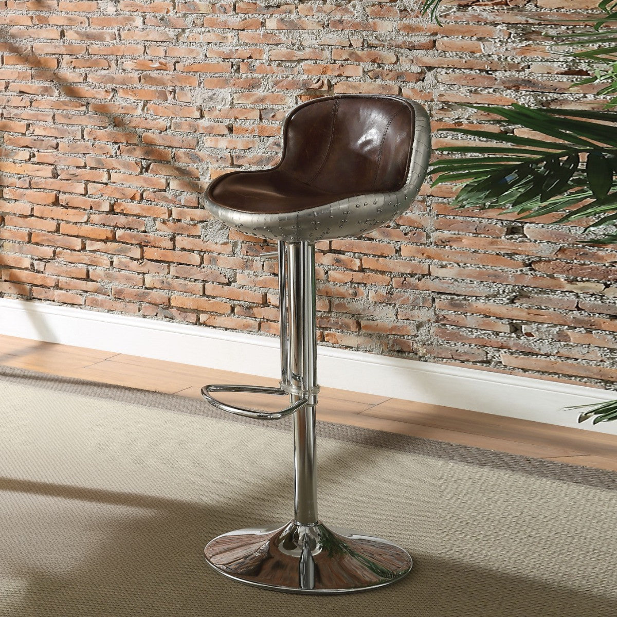 ACME 96556 Brancaster Adjustable Stool with Swivel (1 Piece), Vintage Brown Top Grain Leather & Aluminum, 24"~34" Seat Height