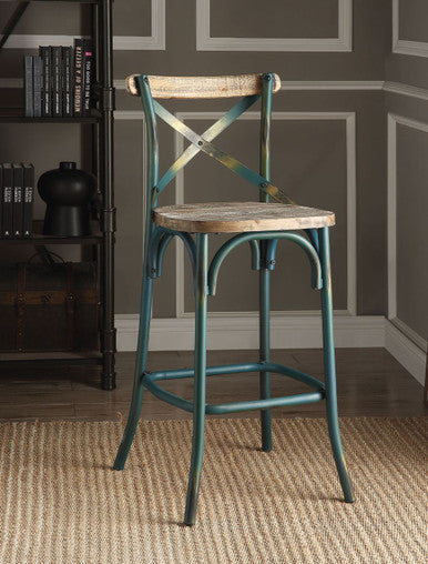 ACME 96807 Zaire Bar Chair (1 Piece), Antique Turquoise & Antique Oak, 29" Seat Height