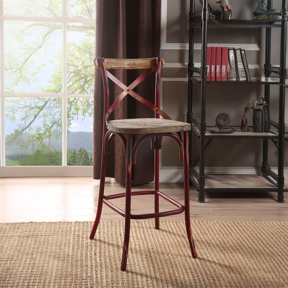 ACME 96808 Zaire Bar Chair (1 Piece), Antique Red & Antique Oak, 29" Seat Height