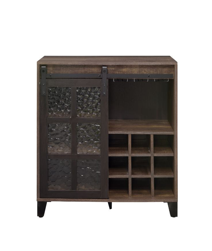 ACME 97836 Treju Wine Cabinet, Obscure Glass, Rustic Oak & Black Finish