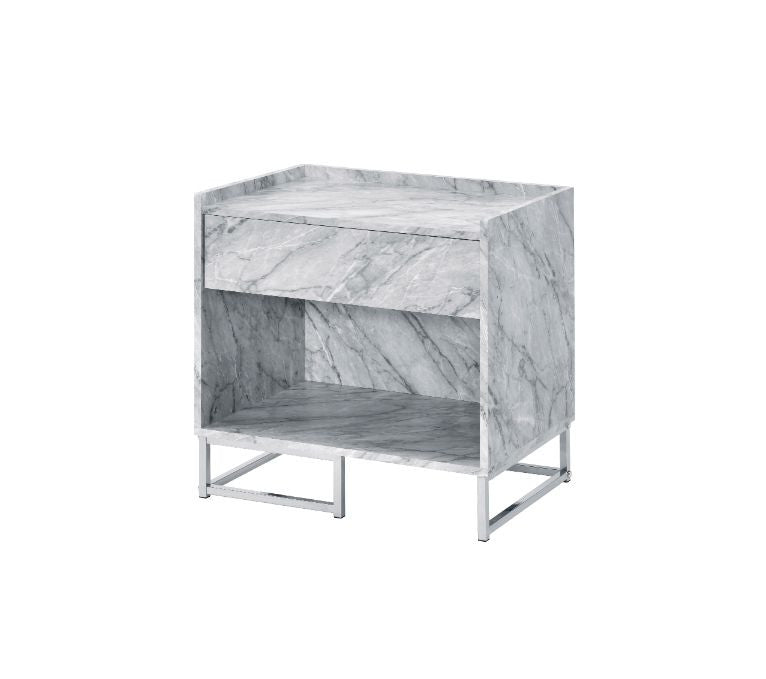 ACME 97865 Azrael Accent Table, White Printed Faux Marble & Chrome Finish