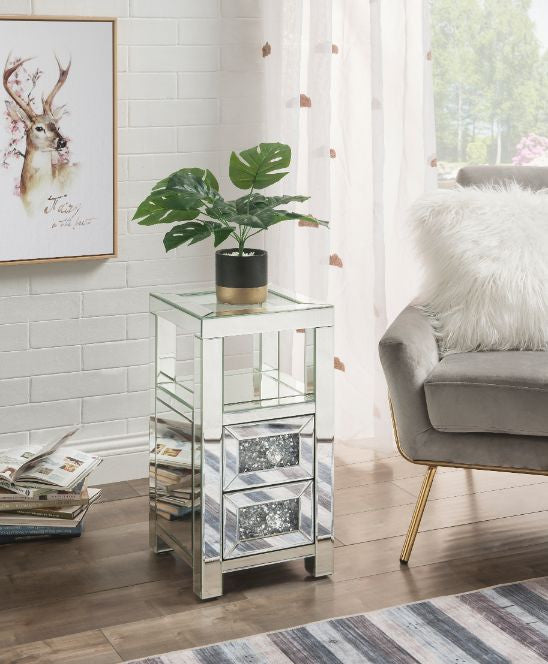 ACME 97956 Noralie Accent Table, Clear Glass, Mirrored & Faux Diamonds