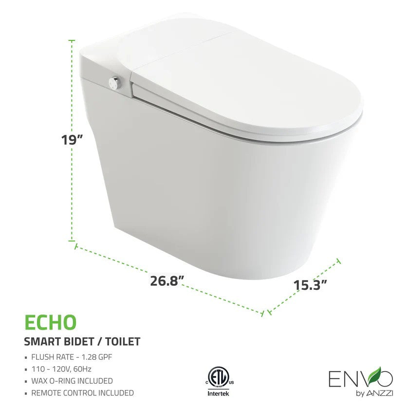 ENVO Echo Elongated 1.28 GPF Smart Bidet Toilet in White with Auto Open, Auto Flush, Heated Seat, Voice and Wifi Control