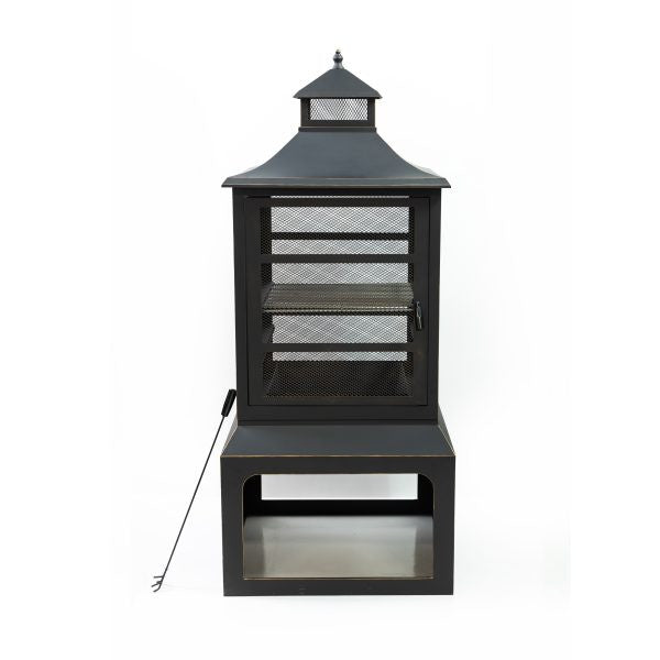 Deko Living 26" Square Outdoor Steel Woodburning Fireplace with Cooking Grill & Log Storage Compartment - COB10507