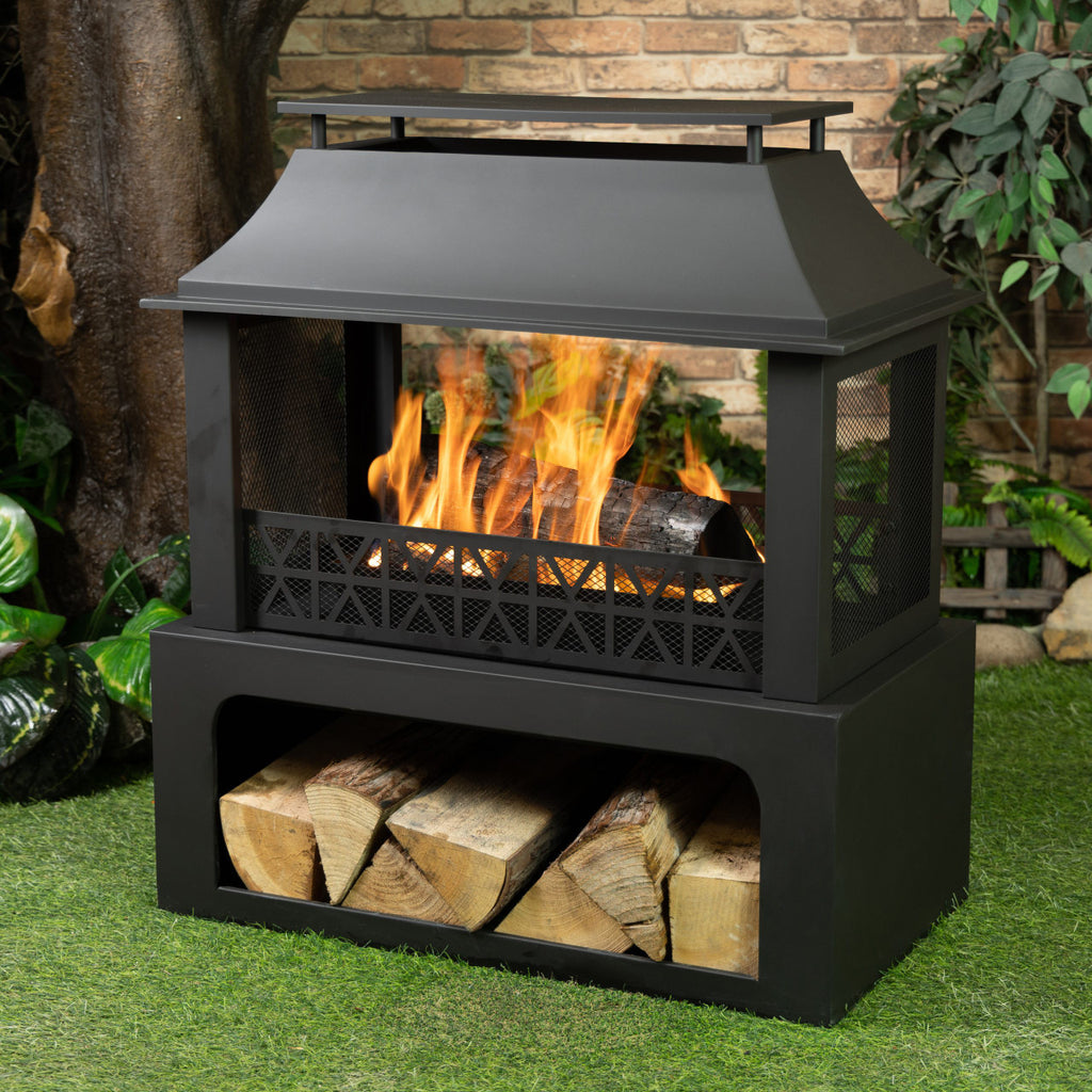 Deko Living 36 Inch Rectangular Outdoor Steel Woodburning Fireplace with Log Storage Compartment - COB10511
