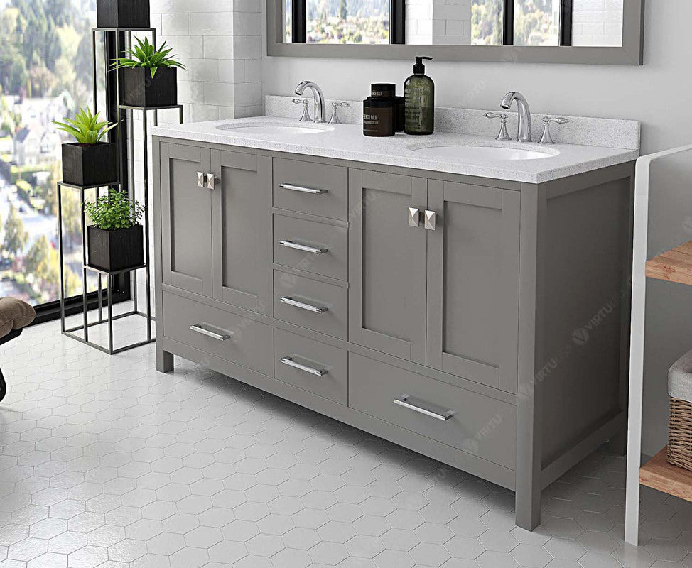 VHG GD-50060-DWQRO-GR-NM Caroline Avenue 60" Double Bath Vanity in Gray with White Quartz Top and Round Sinks
