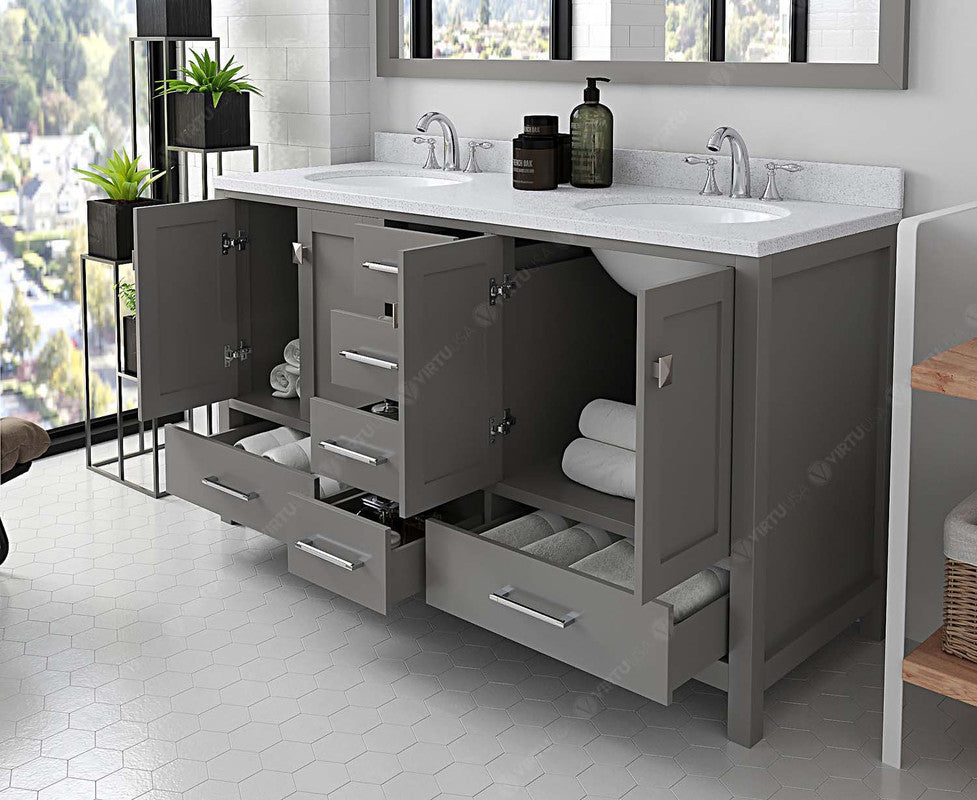 VHG GD-50060-DWQRO-GR-NM Caroline Avenue 60" Double Bath Vanity in Gray with White Quartz Top and Round Sinks