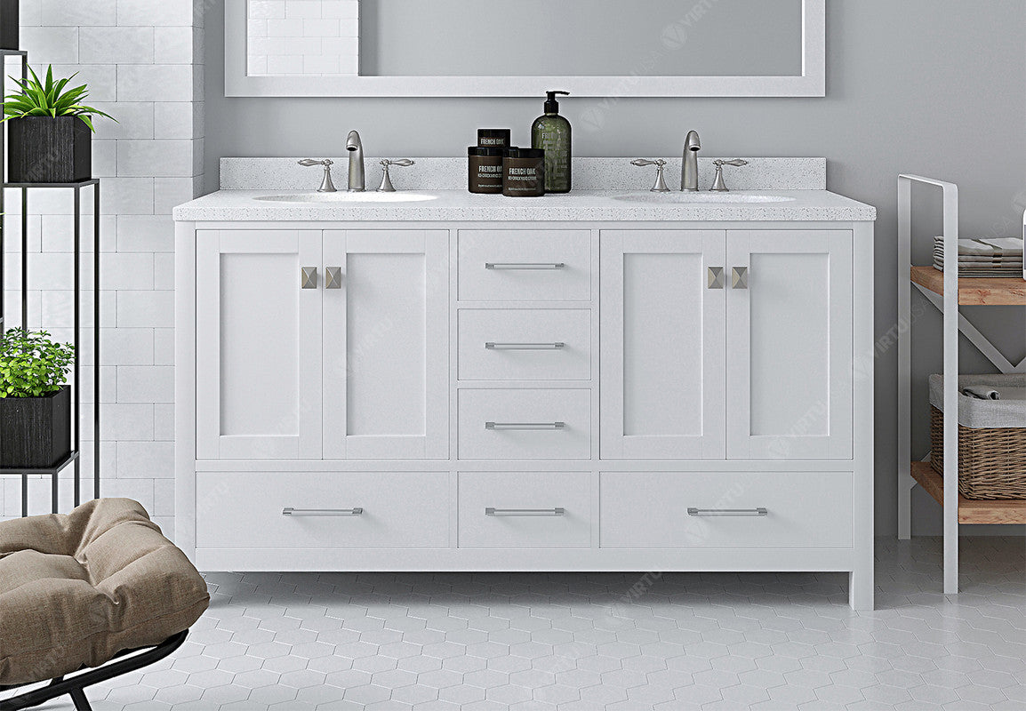 VHG GD-50060-DWQRO-WH-NM Caroline Avenue 60" Double Bath Vanity in White with White Quartz Top and Round Sinks