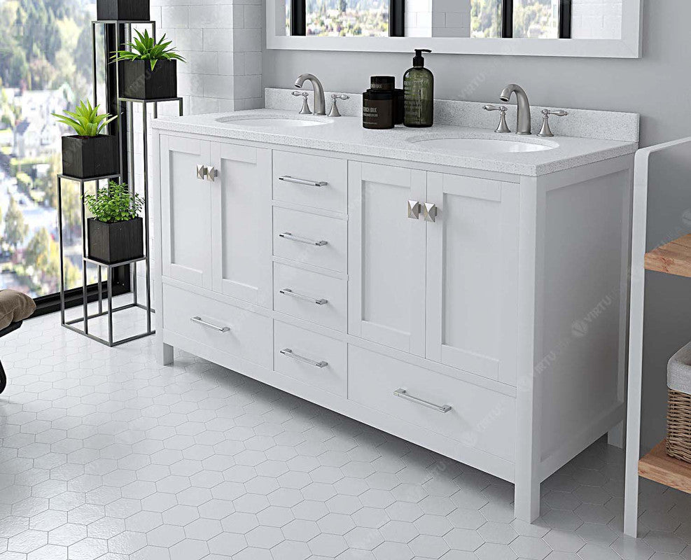 VHG GD-50060-DWQRO-WH-NM Caroline Avenue 60" Double Bath Vanity in White with White Quartz Top and Round Sinks
