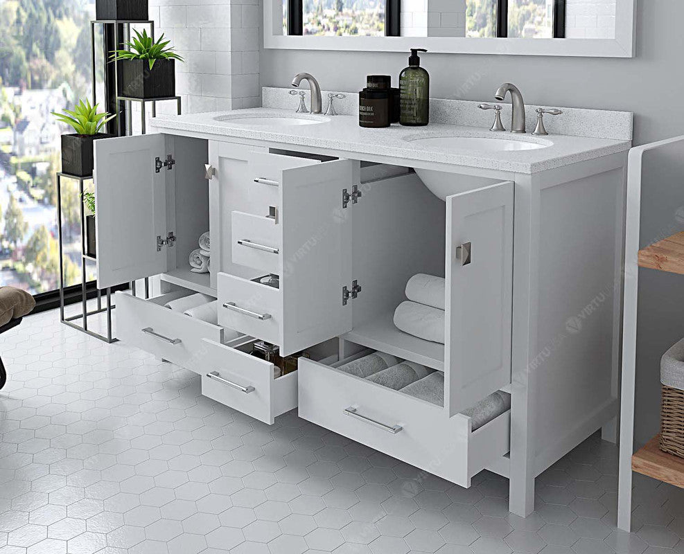 VHG GD-50060-DWQRO-WH-NM Caroline Avenue 60" Double Bath Vanity in White with White Quartz Top and Round Sinks