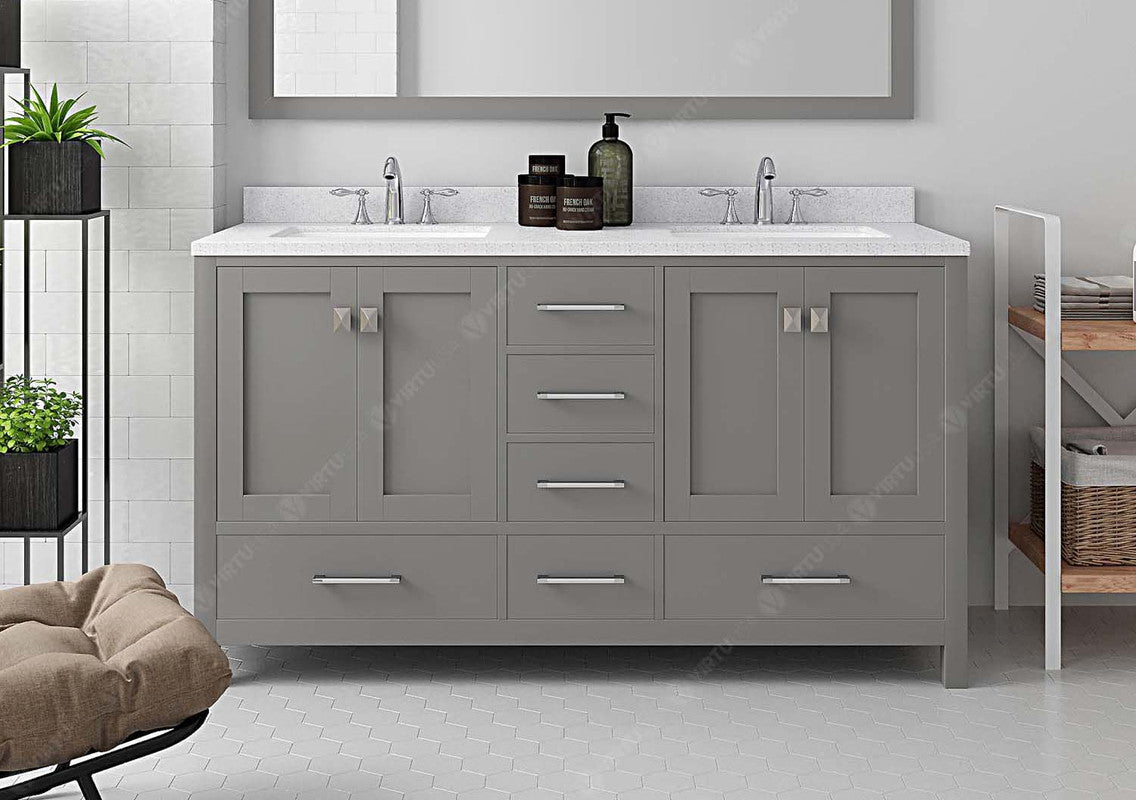 VHG GD-50060-DWQSQ-GR-NM Caroline Avenue 60" Double Bath Vanity in Gray with White Quartz Top and Square Sinks