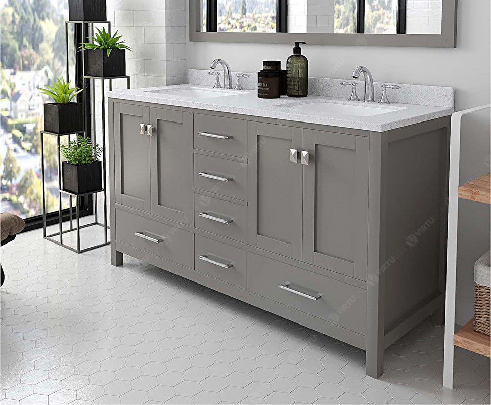 VHG GD-50060-DWQSQ-GR-NM Caroline Avenue 60" Double Bath Vanity in Gray with White Quartz Top and Square Sinks